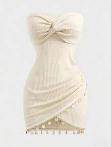 Qadelle Twist Front Bandeau Textured Midi Dress - Apricot - View 3