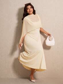 Elaquor Robe élégante à col montant et manches chauve-souris pour femmes de grande taille, en couleur unie. Tenues élégantes classiques pour femmes. Robe de soirée élégante pour le printemps/été, les vacances, les mariages, les remises de diplômes et les festivals. - Nude - Voir 5