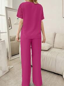 SHEIN Lace Patchwork Sheer Shoulder Cardigan Short Sleeve Pajama Set For Women - Hot Pink - View 2