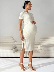 MaterniWear 孕妇夏季休闲度假日常通勤纯色短袖哺乳连衣裙 - 米色 - 查看 5