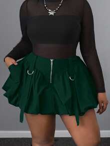 SHEIN CURVE+ Autumn/Winter Ruffle Hem Solid Color Casual Commuter Zipper Sexy Plus Size Short Skirt For Women - Dark Green - View 2
