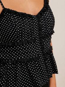 WESTFADE 波点蕾丝V领纽扣吊带褶皱荷叶边无袖上衣，波西米亚风、乡村风、西部风女装，适合秋季、冬季穿着，休闲可爱吊带衫 - 黑色 - 查看 2