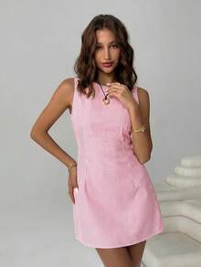 SHEIN EZwear Đầm dệt sọc mùa hè không tay cổ thuyền, hở lưng, buộc dây dành cho nữ - Hồng - Xem 6
