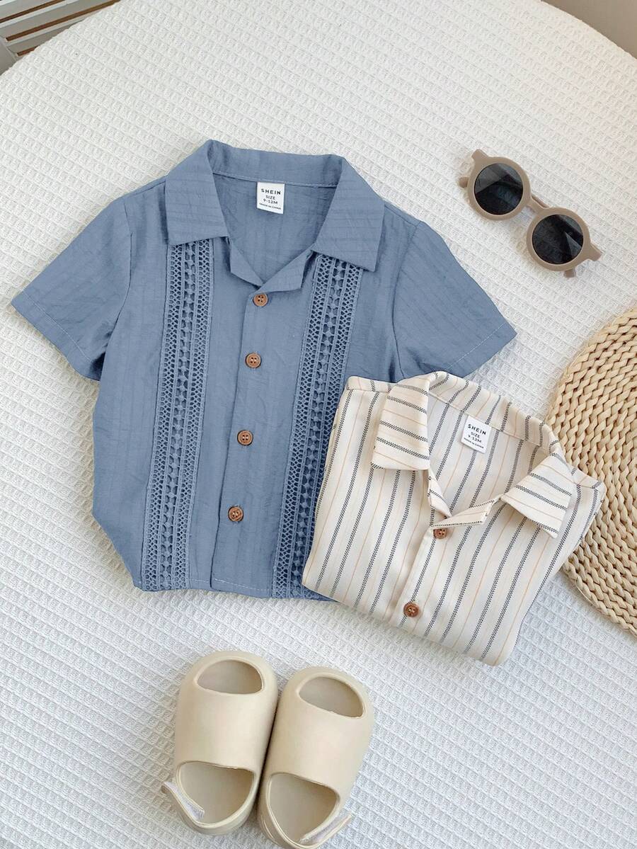 SHEIN 2pcs/Set Unisex Baby Boy Casual Vacation Woven Short Sleeve Shirt, Spring/Summer Baby Clothes - Multicolor - View 1