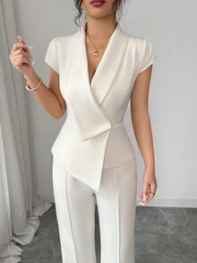 Elenzga 女士休闲优雅两件套，采用不对称交叉领、泡泡袖、收腰A字下摆上衣和松紧腰长裤设计，适合通勤、度假、下午茶、派对以及春秋冬季穿着。 - 杏色 - 查看 5