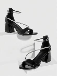 CUCCOO SZL Women's Fashion High-Heeled Sandals, Black Rhinestone Thick Heel PU Global Four Seasons Street Sexy Party Festival Party Outdoor Daily Wear Summer Shoes - Black - View 3