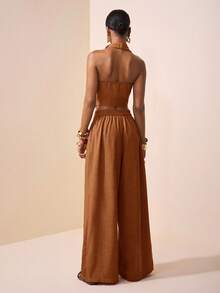 Zivah 2025春夏新款音乐节、复活节、圣帕特里克节、西部风、游牧风、生日派对、毕业典礼、校园风、日常穿着、休闲装、度假、邮轮旅行、海滩、日光浴、街头风、婚礼宾客、通勤、早午餐、机场穿搭 - 棕色纹理面料不对称打结尖头上衣，喇叭领上衣和阔腿裤，亚麻两件套 - 鏽棕色 - 查看 3