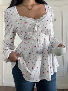 Sunnyshic Plus Size Square Collar Ruffle Patchwork Ditsy Floral Long Sleeve Puff Sleeve A-Line Elegant Vintage Casual Cute Party Women T-Shirt - Multicolor - View 4