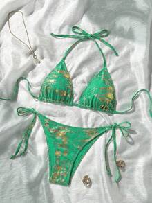 SHEIN Swim Bộ bikini hai mảnh gợi cảm buộc dây cổ màu kim loại dành cho nữ mùa hè, gồm bikini và quần tam giác. - màu xanh lá - Xem 1