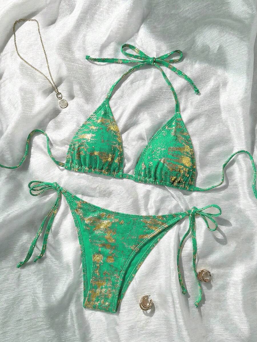 SHEIN Swim Bộ bikini hai mảnh gợi cảm buộc dây cổ màu kim loại dành cho nữ mùa hè, gồm bikini và quần tam giác. - màu xanh lá - Xem 1