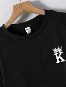 SHEIN 2件套儿童/青少年男童休闲百搭印花撞色罗纹圆领短袖T恤和运动裤针织套装 - 黑色 - 查看 3