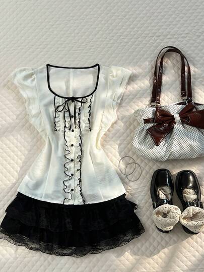 Glimmora 女士白色撞色滚边U领荷叶边短袖衬衫，夏季款