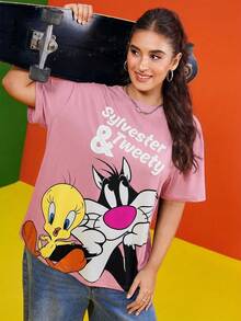 LOONEY TUNES X SHEIN 大码女式圆领短袖休闲T恤 - 粉色 - 查看 4