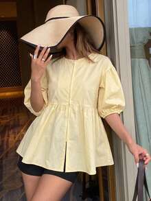 FRIFUL Women's Solid Color Short Petal Sleeve Zip Front Casual Shirt - Apricot - View 9