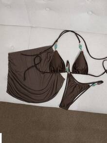 Swim Vcay 时尚性感比基尼套装，网纱纱笼裙，露背，系带，串珠，侧系三角泳裤，休闲，度假，海滩，温泉，网红热销单品，新款女士泳装，女士沙滩装，女士比基尼套装，女士度假两件套泳衣，夏季泳装 - 棕色 - 查看 6