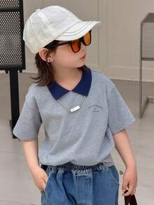 DAZY Young Boy Contrast Color Collar Short Sleeve Casual Loose T-Shirt Summer - Grey - View 6