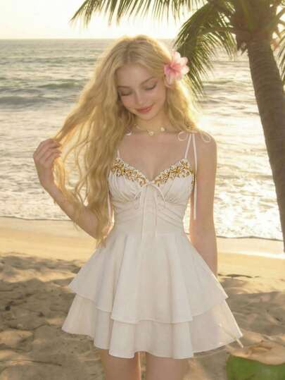 SHEIN MOD 杏色系带印花蝴蝶结褶皱连衣裙，双层下摆——70年代复古波西米亚风，适合海滩度假、约会、派对、春夏女士装、春假、度假、野餐、节日、生日等场合。