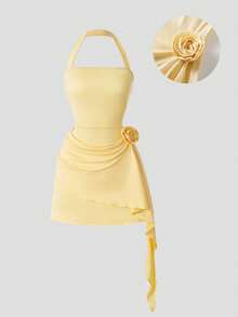 Qadelle Women's Solid Color 3D Floral Decor Pleated Design Halter Mini Dress - Yellow - View 1