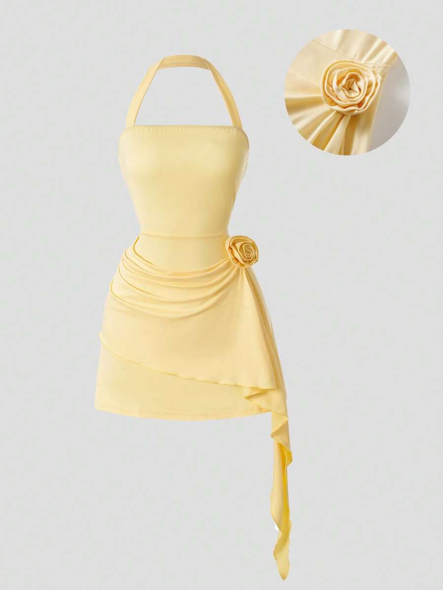 Qadelle Women's Solid Color 3D Floral Decor Pleated Design Halter Mini Dress - Yellow - View 1