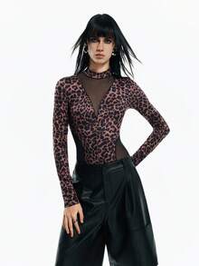 Airlisse 女士时尚豹纹透视网纱拼接长袖连体衣 - 彩色 - 查看 8