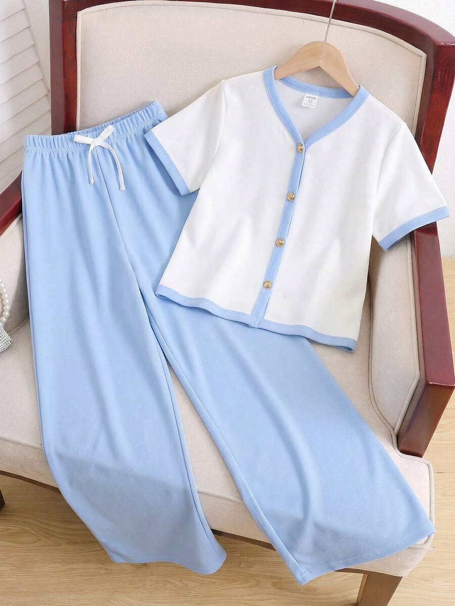 SHEIN 两件套少女撞色V领短袖衬衫和休闲裤套装 - 藍白色 - 查看 1
