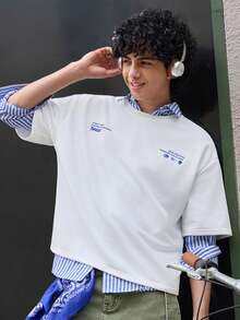 Open Phase 男士休闲字母图案圆领短袖T恤，夏季 - 白色 - 查看 1