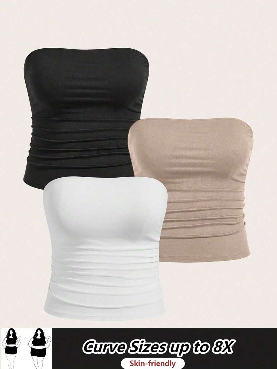 SHEIN CURVE+ 大码女装三件套基本款抹胸上衣套装 - 彩色 - 查看 1