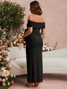 SHEIN Maternity Solid Color Off-Shoulder Fitted Fashionable Summer Dress - Black - View 2