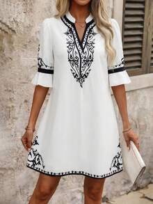 Clasi Vestido mini de línea A con mangas acampanadas y cuello en V de color block, elegante para mujer, adecuado para vacaciones, citas, trabajo, hogar, moda y ocasiones versátiles - Azul y blanco - Ver 7