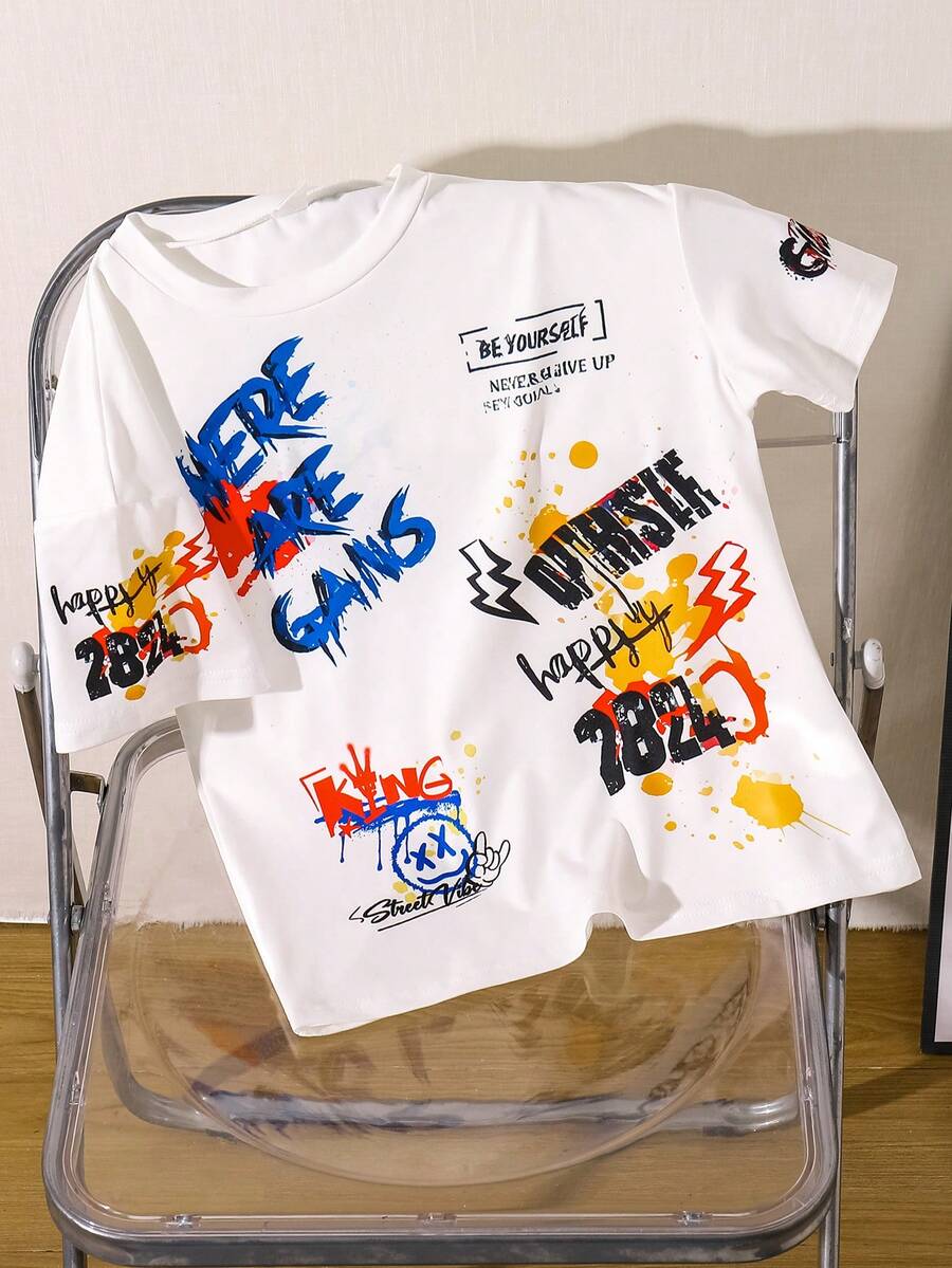 Áo thun bé trai thời trang, thiết kế nghệ thuật, in họa tiết độc đáo, phù hợp cho mọi mùa, áo thun mùa hè, áo thun cho trẻ lớn. - trắng - Xem 1