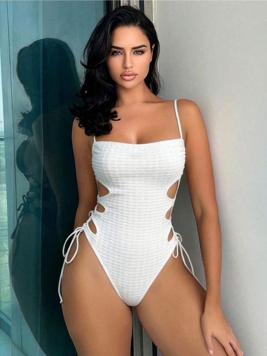 Swim SXY Women's Solid Color Cutout Waist Tie-Up Design Fashionable One-Piece Swimsuit - Apricot - View 1