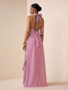 Zivah 2026春夏新款音乐节、复活节、圣帕特里克节、情人节、约会、西部风、游牧风、生日派对、毕业典礼、学院风、学生装、日常穿着、百搭基础款、休闲装、度假、邮轮旅行、海滩、日光浴、爆款、街头风、婚礼宾客、通勤族、早午餐、机场、派对、假日郊游、办公装、露背吊带、腰带、露背、条纹面料、蓝色条纹长裙 - 紅色 - 查看 2