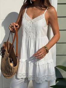 DAZY Ladies' Solid Color Simple Casual Camisole,Ruffle Babydoll Top - White - View 14