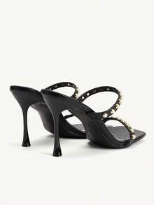 CUCCOO CHICEST Giày nữ mũi vuông gót nhọn đính sọc và ngọc trai. - màu đen - Xem 5