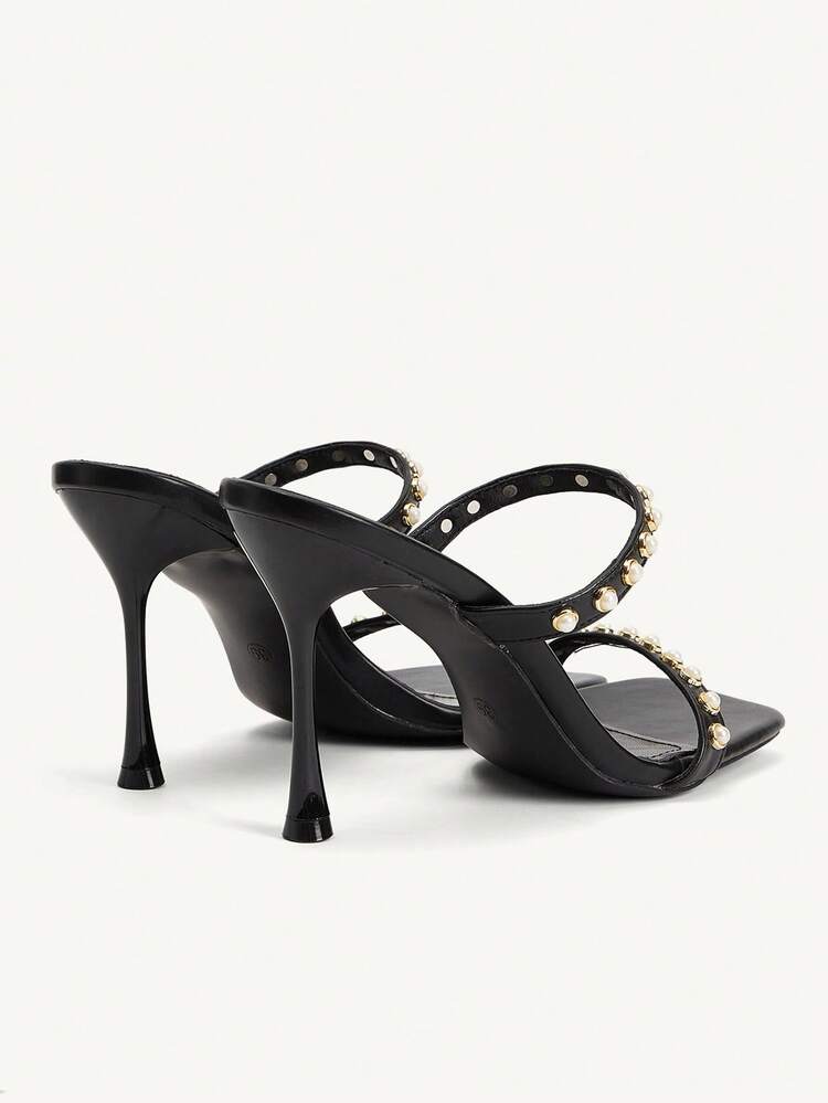 CUCCOO CHICEST Women Shoes Square Toe Stiletto Stripe Pearl Heel Sandals