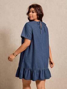 Elaquor Plus Size Summer Casual Ruffle Hem Denim Dress - Dark Wash - View 4