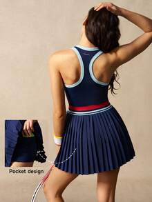 VARSIVA Women's Striped Pleated Hem Racerback Sports Dress - Multicolor - View 1