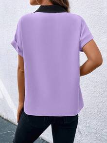 SHEIN Clasi 女士撞色翻领蝙蝠袖休闲衬衫 - 彩色 - 查看 2