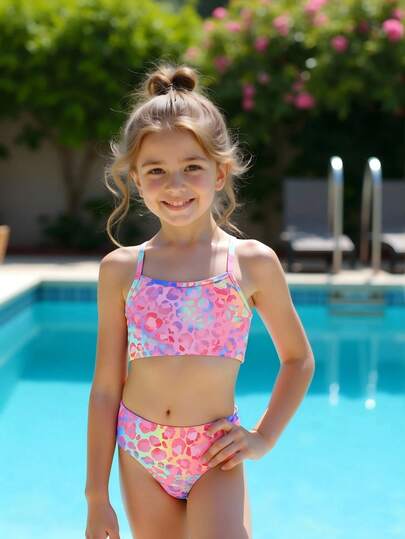 SHEIN Young Girls Bikini Sets - A Set Of Cute Multi-Color Leopard Print Knitted Fabric Tops With Shoulder Straps And Matching Bottoms For Girls. It Consists Of A Separate Top And A Triangle-Shaped Bottom. It Is Fashionable, Casual, Elegant And Exquisite. Suitable For Swimming, Summer Vacations, Beach, Seaside, Swimming Pool, Swimming Area, Summer Holidays And Casual Vacations.