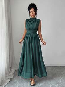 Elenzga Vestido Longo Feminino de Verão/Primavera, Estilo Francês Romântico da Sicília, Elegante e Casual, Ideal para Passeio, Férias, Chá da Tarde, Cor Sólida em Chiffon, Gola Alta, Solto, Amarração Cruzada na Cintura, Linha A, Laço, Sem Mangas, Forrado - Verde Escuro - Visão 6