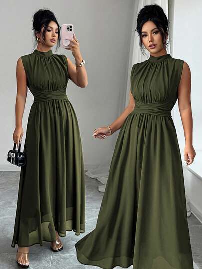 Elenzga Vestido maxi de mujer de línea A sin mangas, con cuello de pie, cruzado en la cintura, lazo y forro, en color liso, para primavera/verano, elegante, casual, para ir a trabajar, vacaciones, tarde de té