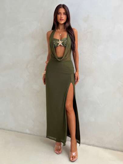 Aloruh 女士春夏新款绿色优雅性感时尚浪漫海滩度假约会网纱海星金属装饰无肩带透视吊带高开衩连衣裙