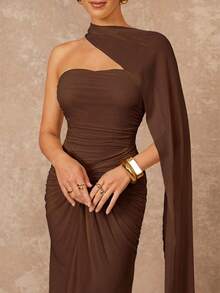 Lumalex VITNOS 秋冬新款高端优雅奶油黄简约时尚露背（可拆卸亮片）胸前荷叶边下摆网纱透明鱼尾连衣裙，适合约会、度假、派对、婚礼、伴娘活动、晚礼服 - 棕色 - 查看 6