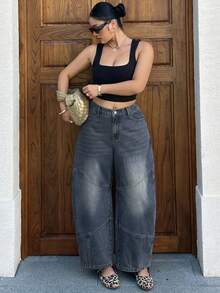 Dazy Plus 复古水洗做旧宽松喇叭牛仔裤，街头风，四季皆宜 - 中等水洗藍 - 查看 6