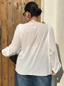 Dazy Plus Plus Size Women's Casual Vacation Style Solid Color Embroidered Hollow Out Lantern Sleeve Front Tie Lightweight Blouse, Spring/Summer - White - View 7