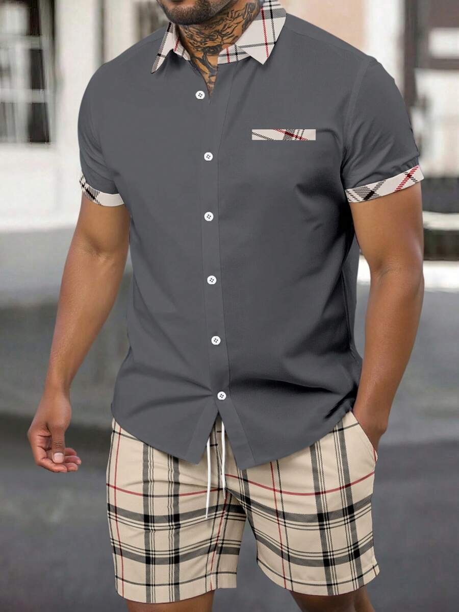 Manfinity Homme 男士格子拼接短袖衬衫和短裤休闲套装 - 彩色 - 查看 1