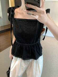 FRIFUL 女士纯色打结荷叶边下摆休闲无袖牛仔上衣 夏季 - 黑色 - 查看 4