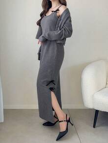 FRIFUL 2pcs Women Minimalist Commuter Front Button Jacket And Side Slit Dress Set - Grey - View 6