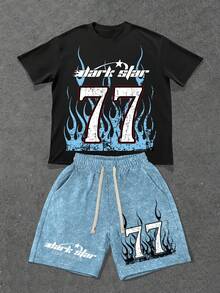 Manfinity EMRG 男士街头风数字77火焰印花短袖T恤短裤套装，宽松夏季街头风两件套 - 彩色 - 查看 2