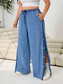 Solflare Plus Size Women Blue Summer Casual Everyday Wide Leg Jeans,Drawstring Elastic Waist Side Button Design Loose Denim Pants,Chic Y2k Streetwear Costume - Blue - View 8